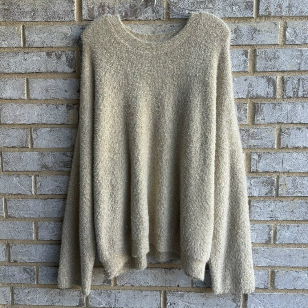 Loft Long Sleeve Crew Neck Cream/Gold Fuzzy Sweater Women's Size XXL